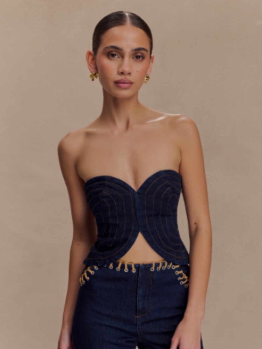 Meshki Navy Strapless Denim Corset Crop Top